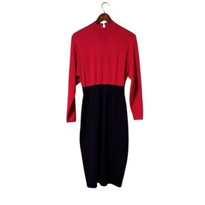 Vintage St. John for Neiman Marcus Midi Dress Long Sleeve Red Navy 70's Size 10
